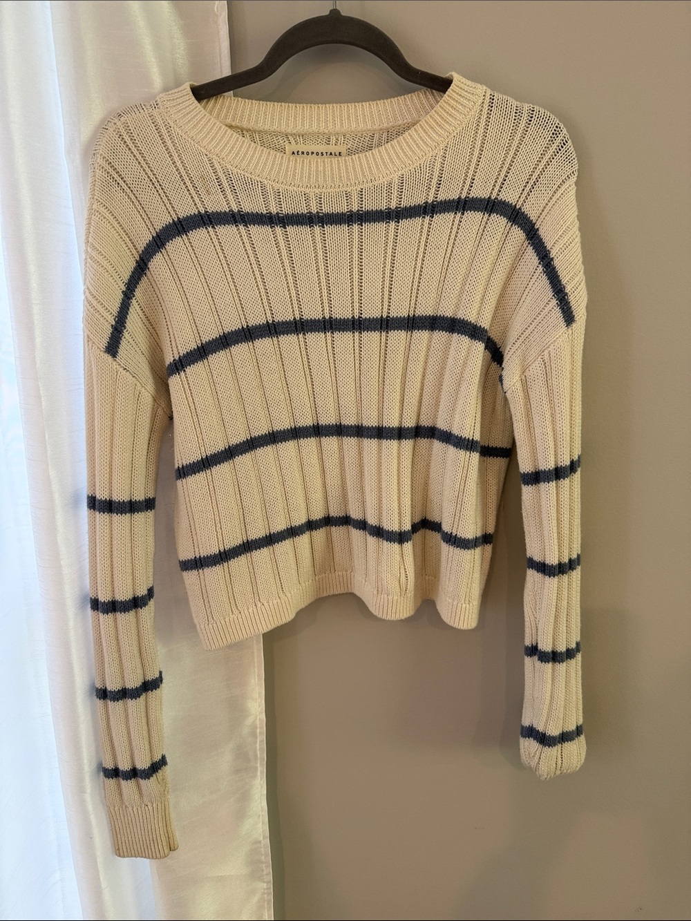 Aeropostale Cream and Navy Striped Crewneck Sweater small